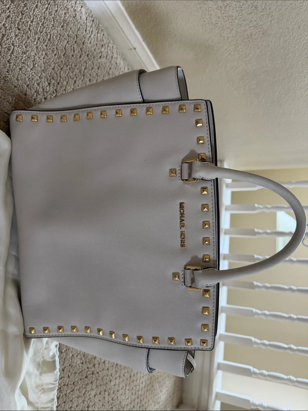 Michael Kors Gold-Studded Saffiano Tote in Light Cream
